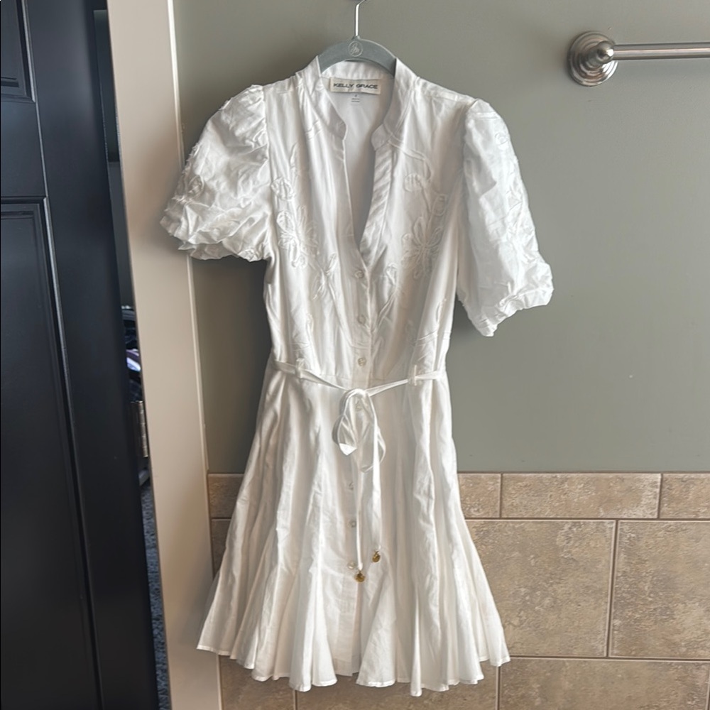 Kelly Grace White Puff Sleeve Mini Sundress with Tie Front
